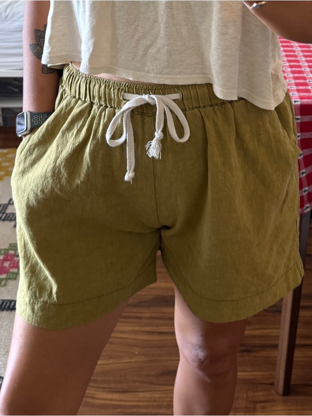 Mango Home Women’s Olive Green Drawstring Pull On Shorts Coastal Earthy Nature